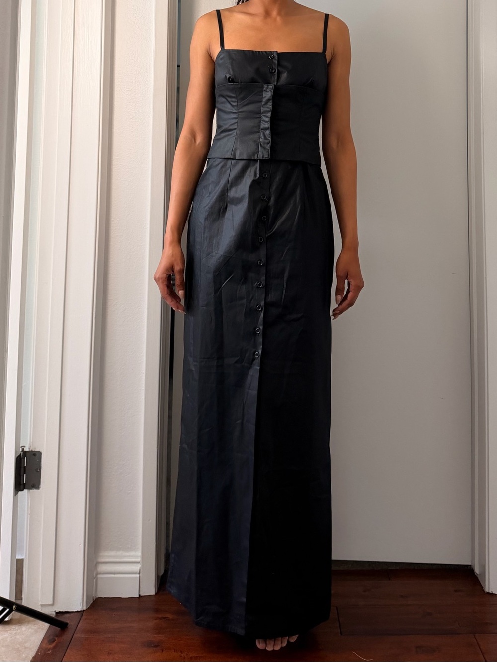 Tara Jarmon Black "Robe Tobrouk" Button-Front Corset Maxi Dress